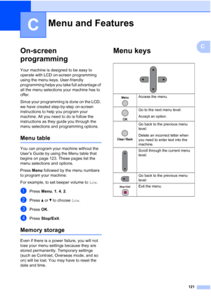 Page 135121
C
C
On-screen 
programming
C
Your machine is designed to be easy to 
operate with LCD on-screen programming 
using the menu keys. User-friendly 
programming helps you take full advantage of 
all the menu selections your machine has to 
offer.
Since your programming is done on the LCD, 
we have created step-by-step on-screen 
instructions to help you program your 
machine. All you need to do is follow the 
instructions as they guide you through the 
menu selections and programming options.
Menu...