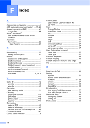 Page 162Index
148
F
A
Accessories and supplies .......................... ii
ADF (automatic document feeder)
 .... 17, 26
Answering machine (TAD)
 ....................... 43
connecting
 ............................................. 44
Apple® Macintosh®
See Software Users Guide on the 
CD-ROM.
 ..................................................
Automatic
fax receive
 ............................................. 33
Easy Receive
 ..................................... 37
B
Broadcasting...