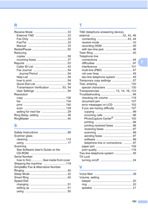 Page 165151
F
R
Receive Mode .......................................... 33
External TAD
 ........................................ 33
Fax Only
 ............................................... 33
Fax/Tel
 .................................................. 33
Manual
 .................................................. 33
Redial/Pause
 ............................................ 50
Reducing
copies
 ................................................... 58
incoming faxes
 ...................................... 37...