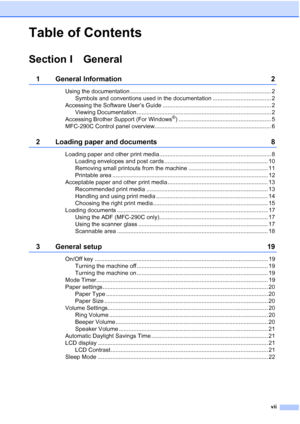 Page 9vii
Table of Contents
Section I General
1 General Information 2
Using the documentation ....................................................................................... 2
Symbols and conventions used in the documentation .................................... 2
Accessing the Software User’s Guide ................................................................... 2
Viewing Documentation ................................................................................... 2
Accessing Brother Support...