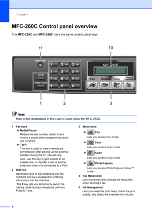 Page 14
Chapter 1
4
MFC-260C Control panel overview1
The  MFC-235C  and MFC-260C  have the same control panel keys.
Note
Most of the illustrations in this User’s Guide show the MFC-260C.
 
1 Fax keys
„Redial/Pause
Redials the last number called. It also 
inserts a pause when programming quick 
dial numbers.
„ Tel/R
This key is used to have a telephone 
conversation after picking up the external 
handset during the F/T pseudo-ring.
Also, use this key to gain access to an 
outside line, or transfer a call to...