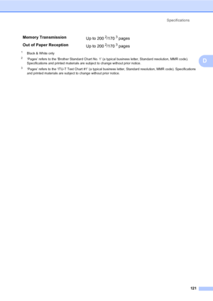 Page 131
Specifications121
D
1Black & White only
2‘Pages’ refers to the ‘Brother Standard Chart No. 1’ (a typical business letter, Standard resolution, MMR code). 
Specifications and printed materials are subject to change without prior notice.
3‘Pages’ refers to the ‘ITU-T Test Chart #1’ (a typical business letter, Standard resolution, MMR code). Specifications 
and printed materials are subject to change without prior notice.
Memory Transmission Up to 2002/1703 pages 
Out of Paper Reception Up to 200
2/1703...