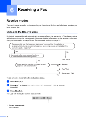 Page 40
30
6
Receive modes6
You must choose a receive mode depending on the external devices and telephone  services you 
have on your line.
Choosing the Receive Mode6
By default, your machine will automatically receive any faxes that are sent to it. The diagram below 
will help you choose the correct mode. For more detailed information on the receive modes see 
Using receive modeson page 31 and Receive mode settings on page 32.
 
To set a receive mode follow the instructions below.
aPress Menu, 0, 1.
bPress  a...