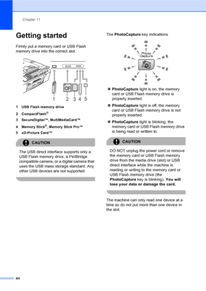 Page 70
Chapter 11
60
Getting started11
Firmly put a memory card or USB Flash 
memory drive into the correct slot.
 
1 USB Flash memory drive
2 CompactFlash
®
3 SecureDigital™, MultiMediaCard™
4 Memory Stick
®, Memory Stick Pro™
5 xD-Picture Card™
CAUTION 
The USB direct interface supports only a 
USB Flash memory drive, a PictBridge 
compatible camera, or a digital camera that 
uses the USB mass storage standard. Any 
other USB devices are not supported.
 
The  PhotoCapture  key indications
 
„PhotoCapture...