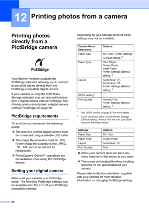 Page 76
66
12
Printing photos 
directly from a 
PictBridge camera
12
 
Your Brother machine supports the 
PictBridge standard, allowing you to connect 
to and print photos directly from any 
PictBridge compatible digital camera.
If your camera is using the USB Mass 
Storage standard, you can also print photos 
from a digital camera without PictBridge. See 
Printing photos directly from a digital camera 
(without PictBridge) on page 68.
PictBridge requirements12
To avoid errors, remember the following 
points:
„...