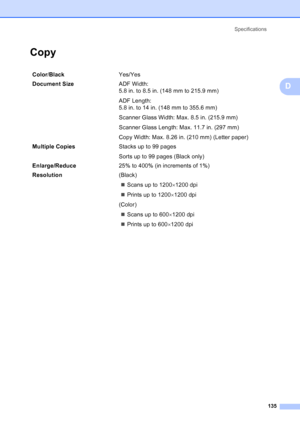 Page 149
Specifications135
D
CopyD
Color/Black Yes/Yes
Document Size  ADF Width:  
5.8 in. to 8.5 in. (148 mm to 215.9 mm)
ADF Length:  
5.8 in. to 14 in. (148 mm to 355.6 mm)
Scanner Glass Width: Max. 8.5 in. (215.9 mm)
Scanner Glass Length: Max. 11.7 in. (297 mm)
Copy Width: Max. 8.26 in. (210 mm) (Letter paper)
Multiple Copies Stacks up to 99 pages
Sorts up to 99 pages (Black only)
Enlarge/Reduce 25% to 400% (in increments of 1%)
Resolution (Black)
„ Scans up to 1200 ×1200 dpi
„ Prints up to 1200 ×1200 dpi...