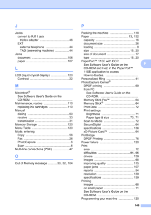 Page 163
149
F
J
Jacksconvert to RJ11 jacktriplex adapter
 .................................... 46
EXT external telephone
 ............................. 44
TAD (answering machine)
 ................. 44
Jams
document
 ............................................ 106
paper
 ................................................... 107
L
LCD (liquid crystal display) .................... 120
Contrast
 ................................................ 22
M
Macintosh®
See Software Users Guide on the 
CD-ROM....