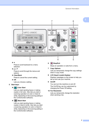 Page 21
General Information7
1
 
„d
Press to scroll backward to a menu 
selection.
„ a or  b
Press to scroll through the menus and 
options.
„ Clear/Back
Press to cancel the current setting.
„ OK
Lets you choose a setting.
5 Start keys:
„  Color Start
Lets you start sending faxes or making 
copies in full color. Also lets you start a 
scanning operation (in color or black & 
white, depending on the scanning setting in 
the ControlCenter software).
„  Black Start
Lets you start sending faxes or making 
copies in...