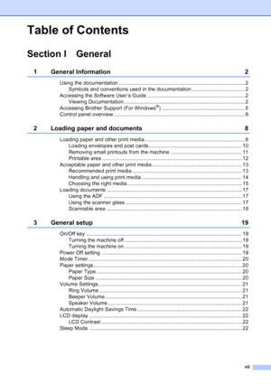 Page 9
vii
Table of Contents
Section I General
1 General Information 2
Using the documentation ....................................................................................... 2Symbols and conventions used in the documentation .................................... 2
Accessing the Software User’s Guide ................................................................... 2 Viewing Documentation ................................................................................... 2
Accessing Brother Support...