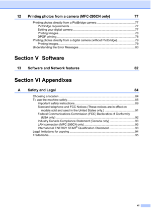 Page 13xi
12 Printing photos from a camera (MFC-295CN only) 77
Printing photos directly from a PictBridge camera ............................................... 77
PictBridge requirements ................................................................................ 77
Setting your digital camera ............................................................................ 77
Printing Images.............................................................................................. 78
DPOF printing...