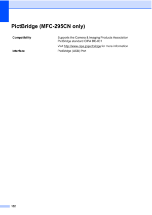 Page 166152
PictBridge (MFC-295CN only)D
CompatibilitySupports the Camera & Imaging Products Association 
PictBridge standard CIPA DC-001
Visit http://www.cipa.jp/pictbridge
 for more information
InterfacePictBridge (USB) Port
 