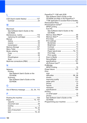 Page 176162
L
LCD (liquid crystal display) .................... 127
Contrast
 ................................................ 23
M
Macintosh
See Software Users Guide on the 
CD-ROM.
Maintenance, routine
 ............................. 116
replacing ink cartridges
 ....................... 116
Manual
dialing
 .................................................... 52
receive
 .................................................. 35
transmission
 .......................................... 33
Memory Storage...