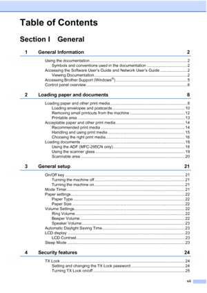 Page 9vii
Table of Contents
Section I General
1 General Information 2
Using the documentation ....................................................................................... 2
Symbols and conventions used in the documentation .................................... 2
Accessing the Software User’s Guide and Network User’s Guide ........................ 2
Viewing Documentation ................................................................................... 2
Accessing Brother Support (Windows
®)...