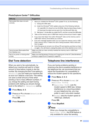 Page 101Troubleshooting and Routine Maintenance
91
B
Dial Tone detectionB
When you send a fax automatically, by 
default your machine will wait for a fixed 
amount of time before it starts to dial the 
number. By changing the Dial Tone setting to 
Detection you can make your machine dial 
as soon as it detects a dial tone. This setting 
can save a small amount of time when 
sending a fax to many different numbers. If 
you change the setting and start having 
problems with dialling you should change 
back to the...