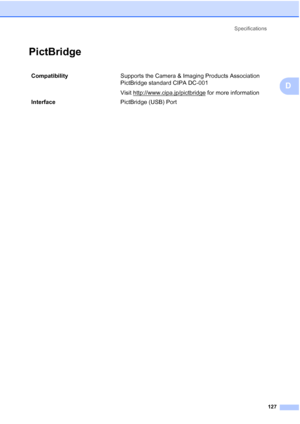 Page 137Specifications
127
D
PictBridgeD
CompatibilitySupports the Camera & Imaging Products Association 
PictBridge standard CIPA DC-001
Visit http://www.cipa.jp/pictbridge
 for more information
InterfacePictBridge (USB) Port
 