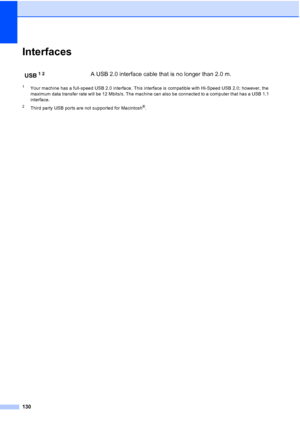 Page 140130
InterfacesD
1Your machine has a full-speed USB 2.0 interface. This interface is compatible with Hi-Speed USB 2.0; however, the 
maximum data transfer rate will be 12 Mbits/s. The machine can also be connected to a computer that has a USB 1.1 
interface.
2Third party USB ports are not supported for Macintosh®.
USB12A USB 2.0 interface cable that is no longer than 2.0 m.
 