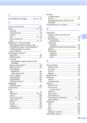 Page 149139
F
O
Out of Memory message ............. 30, 31, 95
P
Packing the machine .............................. 108
Paper
 .............................................. 13, 122
capacity
 ................................................. 16
document size
 ....................................... 26
loading
 .................................................... 8
size
 ................................................ 15, 19
size of document
 ................................... 17
type...