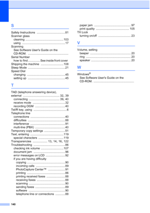Page 150140
S
Safety Instructions ................................... 81
Scanner glass
cleaning
 ............................................... 103
using
 ..................................................... 17
Scanning
See Software Users Guide on the 
CD-ROM.
 ..................................................
Serial Number
how  to  find ............... See inside front cover
 
Shipping the machine ............................ 108
Sleep Mode
 .............................................. 21
Speed Dial...