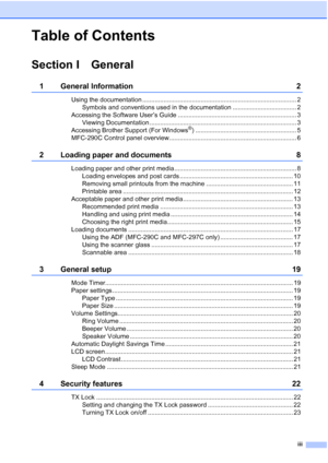 Page 5iii
Table of Contents
Section I General
1 General Information 2
Using the documentation ....................................................................................... 2
Symbols and conventions used in the documentation .................................... 2
Accessing the Software User’s Guide ................................................................... 3
Viewing Documentation ................................................................................... 3
Accessing Brother Support...