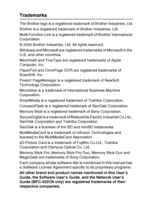 Page 127IMPORTANT INFORMATION   11 - 11
Trademarks
The Brother logo is a registered trademark of Brother Industries, Ltd.
Brother is a registered trademark of Brother Industries, Ltd.
Multi-Function Link is a registered trademark of Brother International 
Corporation.
© 2005 Brother Industries, Ltd. All rights reserved.
Windows and Microsoft are registered trademarks of Microsoft in the 
U.S. and other countries.
Macintosh and TrueType are registered trademarks of Apple 
Computer, Inc.
PaperPort and OmniPage OCR...