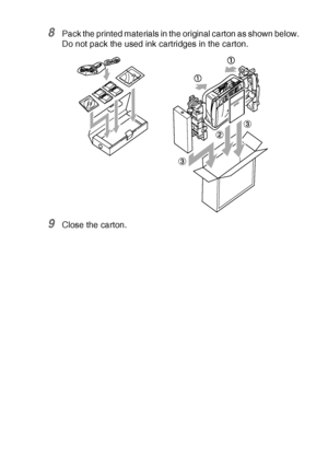 Page 149TROUBLESHOOTING AND ROUTINE MAINTENANCE   12 - 22
8Pack the printed materials in the original carton as shown below. 
Do not pack the used ink cartridges in the carton.
9Close the carton. 
 