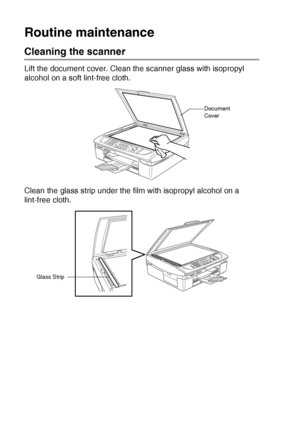 Page 15012 - 23   TROUBLESHOOTING AND ROUTINE MAINTENANCE
Routine maintenance
Cleaning the scanner
Lift the document cover. Clean the scanner glass with isopropyl 
alcohol on a soft lint-free cloth.
Clean the glass strip under the film with isopropyl alcohol on a 
lint-free cloth.
Document 
Cover
Glass Strip
 