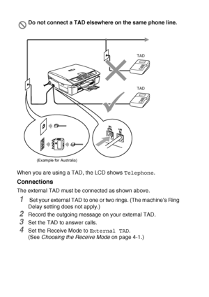 Page 174A - 18   APPENDIX A
When you are using a TAD, the LCD shows Telephone.
Connections
The external TAD must be connected as shown above.
1 Set your external TAD to one or two rings. (The machine’s Ring 
Delay setting does not apply.)
2Record the outgoing message on your external TAD.
3Set the TAD to answer calls.
4Set the Receive Mode to External TAD.  
(See Choosing the Receive Mode on page 4-1.)
Do not connect a TAD elsewhere on the same phone line.
TAD
TAD
(Example for Australia)
 