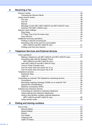 Page 12
x
6 Receiving a Fax
Receive modes .................................................................................................... 46Choosing the Receive Mode ......................................................................... 46
Using receive modes ........................................................................................... 48 Fax only ......................................................................................................... 48
Fax/Tel...