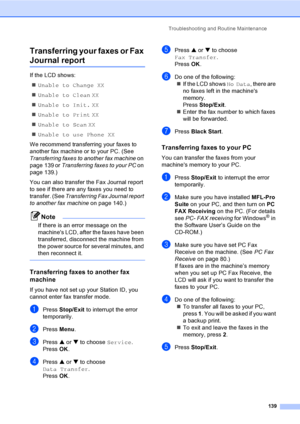 Page 155
Troubleshooting and Routine Maintenance139
Transferring your faxes or Fax 
Journal reportB
If the LCD shows:„ Unable to Change XX
„ Unable to Clean XX
„ Unable to Init. XX
„ Unable to Print XX
„ Unable to Scan XX
„ Unable to use Phone XX
We recommend transferring your faxes to 
another fax machine or to your PC. (See 
Transferring faxes to another fax machine  on 
page 139 or  Transferring faxes to your PC  on 
page 139.)
You can also transfer the Fax Journal report 
to see if there are any faxes you...
