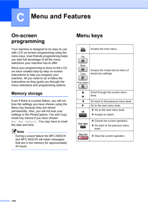 Page 174
158
C
On-screen 
programming
C
Your machine is designed to be easy to use 
with LCD on-screen programming using the 
menu keys. User-friendly programming helps 
you take full advantage of all the menu 
selections your machine has to offer.
Since your programming is done on the LCD, 
we have created step-by-step on-screen 
instructions to help you program your 
machine. All you need to do is follow the 
instructions as they guide you through the 
menu selections and programming options.
Memory storageC...