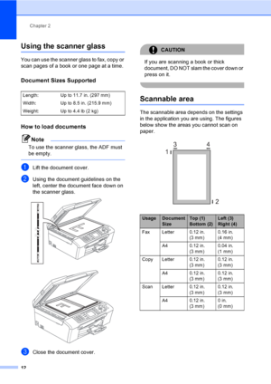 Page 28
Chapter 2
12
Using the scanner glass2
You can use the scanner glass to fax, copy or 
scan pages of a book or one page at a time.
Document Sizes Supported2
How to load documents2
Note
To use the scanner glass, the ADF must 
be empty.
 
aLift the document cover.
bUsing the document guidelines on the 
left, center the document face down on 
the scanner glass.
 
 
cClose the document cover.
CAUTION 
If you are scanning a book or thick 
document, DO NOT slam the cover down or 
press on it.
 
Scannable area2...