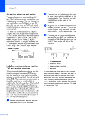 Page 76
Chapter 7
60
Converting telephone wall outlets7
There are three ways to convert to an RJ11 
jack. The first two ways may require help from 
the telephone company. You can change the 
wall outlets from one RJ14 jack to two RJ11 
jacks. Or you can have an RJ11 wall outlet 
installed and slave or jump one of the phone 
numbers to it.
The third way is the easiest: Buy a triplex 
adapter. You can plug a triplex adapter into 
an RJ14 outlet. It separates the wires into two 
separate RJ11 jacks (Line 1, Line...