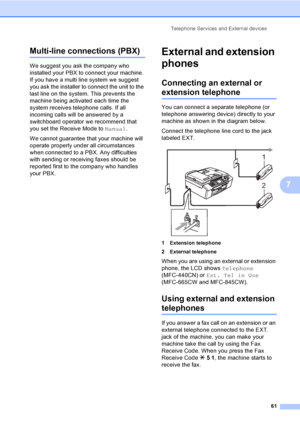 Page 77
Telephone Services and External devices61
7
Multi-line connections (PBX)7
We suggest you ask the company who 
installed your PBX to connect your machine. 
If you have a multi line system we suggest 
you ask the installer to connect the unit to the 
last line on the system. This prevents the 
machine being activated each time the 
system receives telephone calls. If all 
incoming calls will be answered by a 
switchboard operator we recommend that 
you set the Receive Mode to  Manual.
We cannot guarantee...