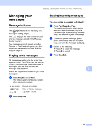 Page 89
Message Center (MFC-665CW and MFC-845CW only)73
9
Managing your 
messages
9
Message indicator9
The   light flashes if you have any new 
messages waiting for you.
The LCD displays the total number of voice 
and fax messages stored in the Message 
Center memory.
Fax messages are only stored when Fax 
Storage or Fax Preview is turned on. See 
Advanced fax operations (Black & White 
only)on page 76.
Playing voice messages9
All messages are played in the order they 
were recorded. The LCD shows the number...