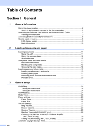 Page 10
viii
Table of Contents
Section I General
1 General Information
Using the documentation .......................................................................................2Symbols and conventions used in the documentation .................................... 2
Accessing the Software User’s Guide and Network User’s Guide ........................ 2 Viewing Documentation ................................................................................... 2
Accessing Brother Support (For Windows
®)...