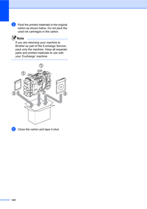 Page 156
140
iPack the printed materials in the original 
carton as shown below. Do not pack the 
used ink cartridges in the carton.
Note
If you are returning your machine to 
Brother as part of the Exchange Service, 
pack only the machine. Keep all separate 
parts and printed materials to use with 
your ‘Exchange’ machine.
 
 
jClose the carton and tape it shut. 
 