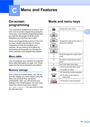 Page 157
141
C
C
On-screen 
programming
C
Your machine is designed to be easy to use 
with LCD on-screen programming using the 
menu keys. User-friendly programming helps 
you take full advantage of all the menu 
selections your machine has to offer.
Since your programming is done on the LCD, 
we have created step-by-step on-screen 
instructions to help you program your 
machine. All you need to do is follow the 
instructions as they guide you through the 
menu selections and programming options.
Menu tableC
You...