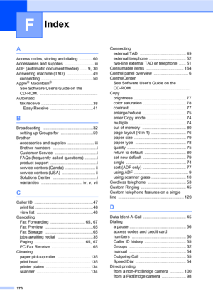 Page 186
Index
170
F
A
Access codes, storing and dialing ............ 60
Accessories and supplies
 ......................... iii
ADF (automatic document feeder)
 ...... 9, 30
Answering machine (TAD)
 .......................49
connecting
 .............................................50
Apple® Macintosh®
See Software Users Guide on the 
CD-ROM.
 ..................................................
Automatic fax receive
 .............................................38
Easy Receive...