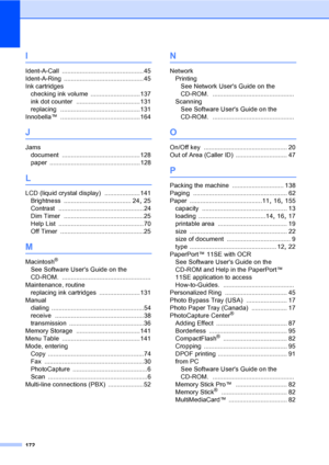 Page 188
172
I
Ident-A-Call ..............................................45
Ident-A-Ring
 .............................................45
Ink cartridges checking ink volume
 ............................137
ink dot counter
 ....................................131
replacing
 .............................................131
Innobella™
 .............................................164
J
Jams document
 ............................................128
paper
 ...................................................128
L
LCD...