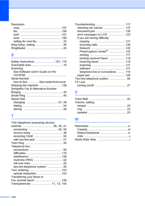 Page 190
174
Resolutioncopy
 ....................................................157
fax
 .......................................................156
print
 .....................................................161
scan
 ....................................................160
setting for next fax
 .................................33
Ring Delay, setting
 ...................................40
RingMaster
 ...............................................45
S
Safety Instructions ........................ 107, 110...