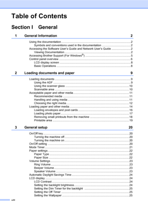 Page 10
viii
Table of Contents
Section I General
1 General Information 2
Using the documentation .......................................................................................2Symbols and conventions used in the documentation .................................... 2
Accessing the Software User’s Guide and Network User’s Guide ........................ 2 Viewing Documentation ................................................................................... 2
Accessing Brother Support (For Windows
®)...