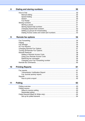 Page 13
xi
8 Dialing and storing numbers 50
How to Dial .......................................................................................................... 50Manual dialing ............................................................................................... 50
Speed-Dialing ................................................................................................ 50
Search ........................................................................................................... 50
Fax...