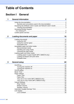 Page 10
viii
Table of Contents
Section I General
1 General Information 2
Using the documentation .......................................................................................2Symbols and conventions used in the documentation .................................... 2
Accessing the Software User’s Guide and Network User’s Guide ........................ 2 Viewing Documentation ................................................................................... 3
Accessing Brother Support  (For Windows
®)...