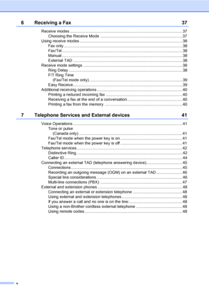 Page 12
x
6 Receiving a Fax 37
Receive modes .................................................................................................... 37Choosing the Receive Mode ......................................................................... 37
Using receive modes ........................................................................................... 38 Fax only ......................................................................................................... 38
Fax/Tel...