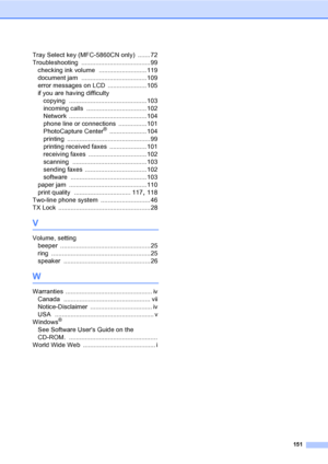 Page 167
151
Tray Select key (MFC-5860CN only) ....... 72
Troubleshooting
 .......................................99
checking ink volume
 ........................... 119
document jam
 .....................................109
error messages on LCD
 ...................... 105
if you are having difficulty copying
 ............................................103
incoming calls
 .................................. 102
Network
 ............................................104
phone line or connections...