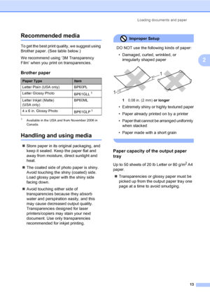 Page 29
Loading documents and paper13
2
Recommended media2
To get the best print quality, we suggest using 
Brother paper. (See table below.)
We recommend using ‘3M Transparency 
Film’ when you print on transparencies.
1Available in the USA and from November 2006 in 
Canada.
Handling and using media2
„Store paper in its original packaging, and 
keep it sealed. Keep the paper flat and 
away from moisture, direct sunlight and 
heat.
„ The coated side of photo paper is shiny. 
Avoid touching the shiny (coated)...