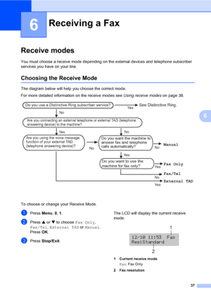 Page 53
37
6
6
Receive modes6
You must choose a receive mode depending on the external devices and telephone subscriber 
services you have on your line.
Choosing the Receive Mode6
The diagram below will help you choose the correct mode.
For more detailed information on the receive modes see Using receive modeson page 38.
 
To choose or change your Receive Mode.
aPress Menu, 0, 1 .
bPress  a or  b to choose  Fax Only, 
Fax/Tel , External TAD  or Manual .
Press  OK.
cPress  Stop/Exit . The LCD will display the...