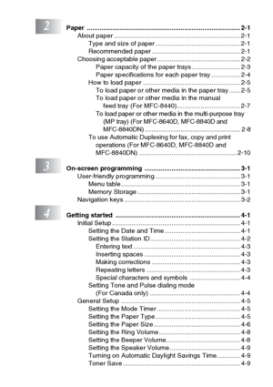 Page 15
xiii
2Paper ..................................................................................... 2-1About paper ...................................................................... 2-1Type and size of paper ............................................... 2-1
Recommended paper ................................................. 2-1
Choosing acceptable paper .............................................. 2-2 Paper capacity of the paper trays ........................... 2-3
Paper specifications for each...