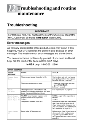 Page 162
12 - 1   TROUBLESHOOTING AND ROUTINE MAINTENANCE
12
 
Troubleshooting 
Error messages
As with any sophisticated office product, errors may occur. If this 
happens, your MFC identifies the problem and displays an error 
message. The most common error messages are shown below.
You can correct most problems by yourself. If you need additional 
help, call the Brother fax back system (USA only).
In USA only: 1-800-521-2846
Troubleshooting and routine 
maintenance
IMPORTANT
For technical help, you must call...