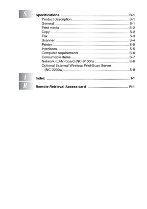 Page 21
xix
SSpecifications ......................................................................S-1Product description ...........................................................S-1
General .............................................................................S-1
Print media .......................................................................S-2
Copy .................................................................................S-2...